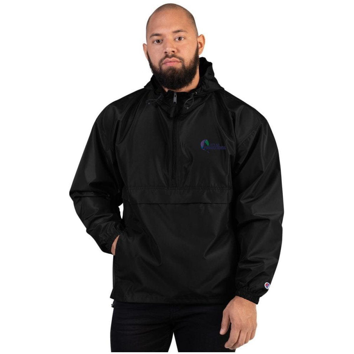 embroidered champion packable jacket black front 6400b1d5959c1 scaled