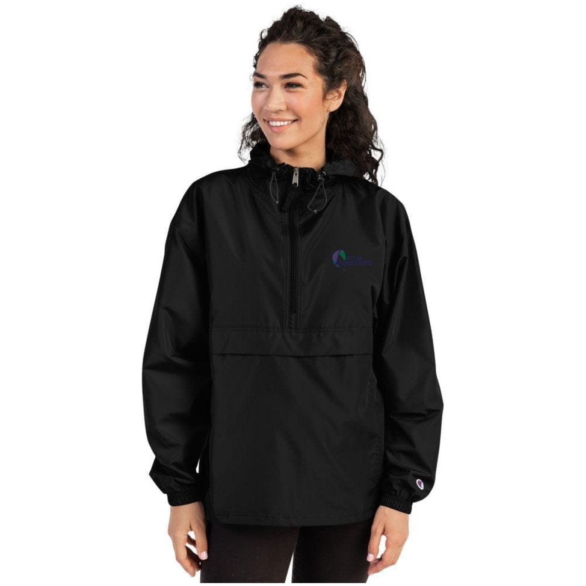 embroidered champion packable jacket black front 6400b1d6053b4 scaled