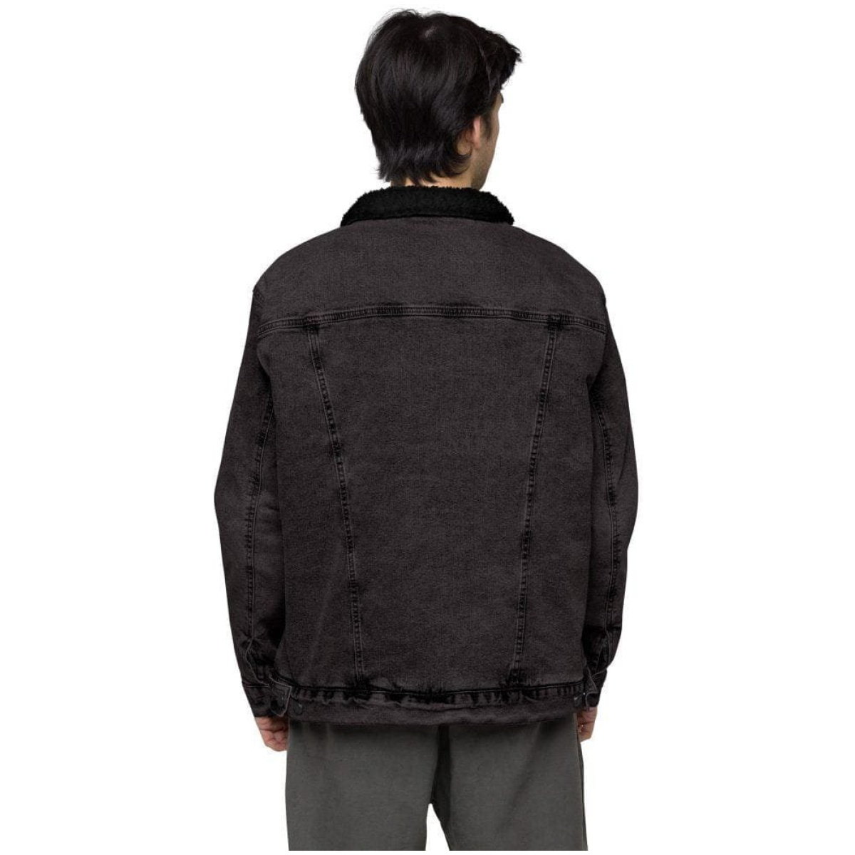 unisex sherpa denim jacket black denim back 6400b16c030e0 scaled