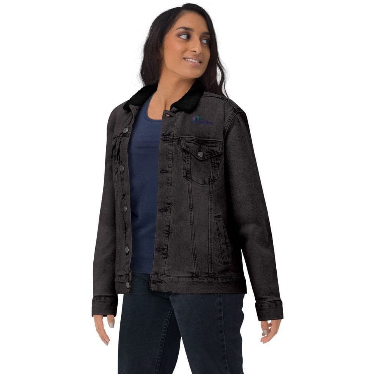 unisex sherpa denim jacket black denim front 6400b16c02fbb scaled