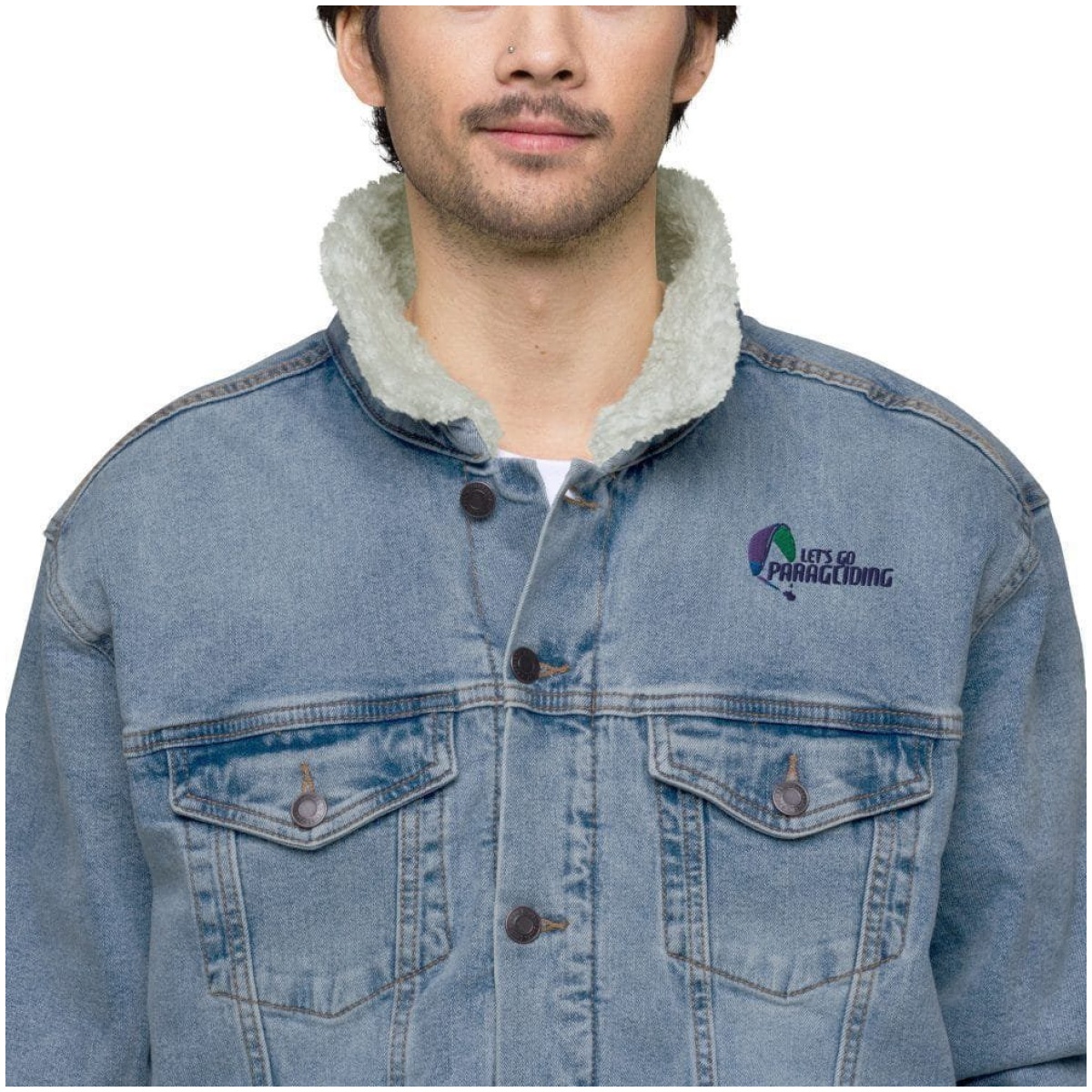 unisex sherpa denim jacket light denim zoomed in 6400b16c03156 scaled
